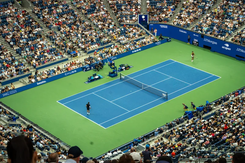 Arthur Ashe Stadium during a US Open day session, seen from the upper deck