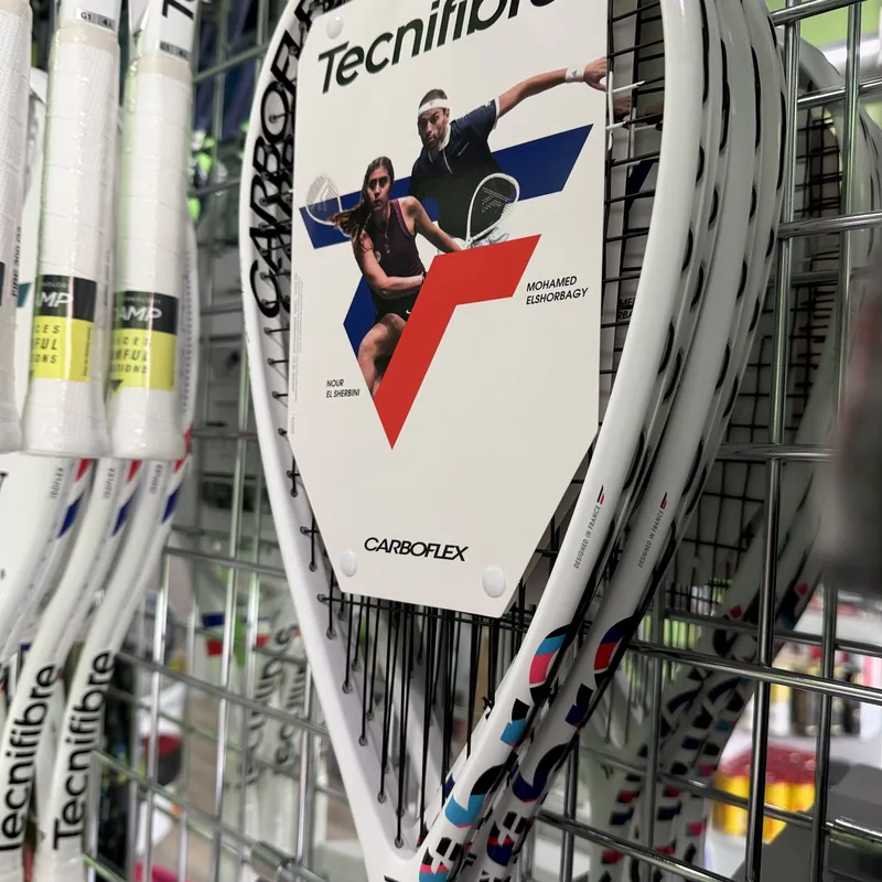 Tecnifibre Carboflex X-Top squash racquets on the racquet wall at URacquet Shop